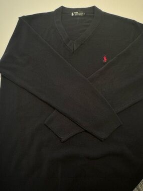 Polo by Ralph Lauren Black V-Neck Cashmere Sweater with Red Logo